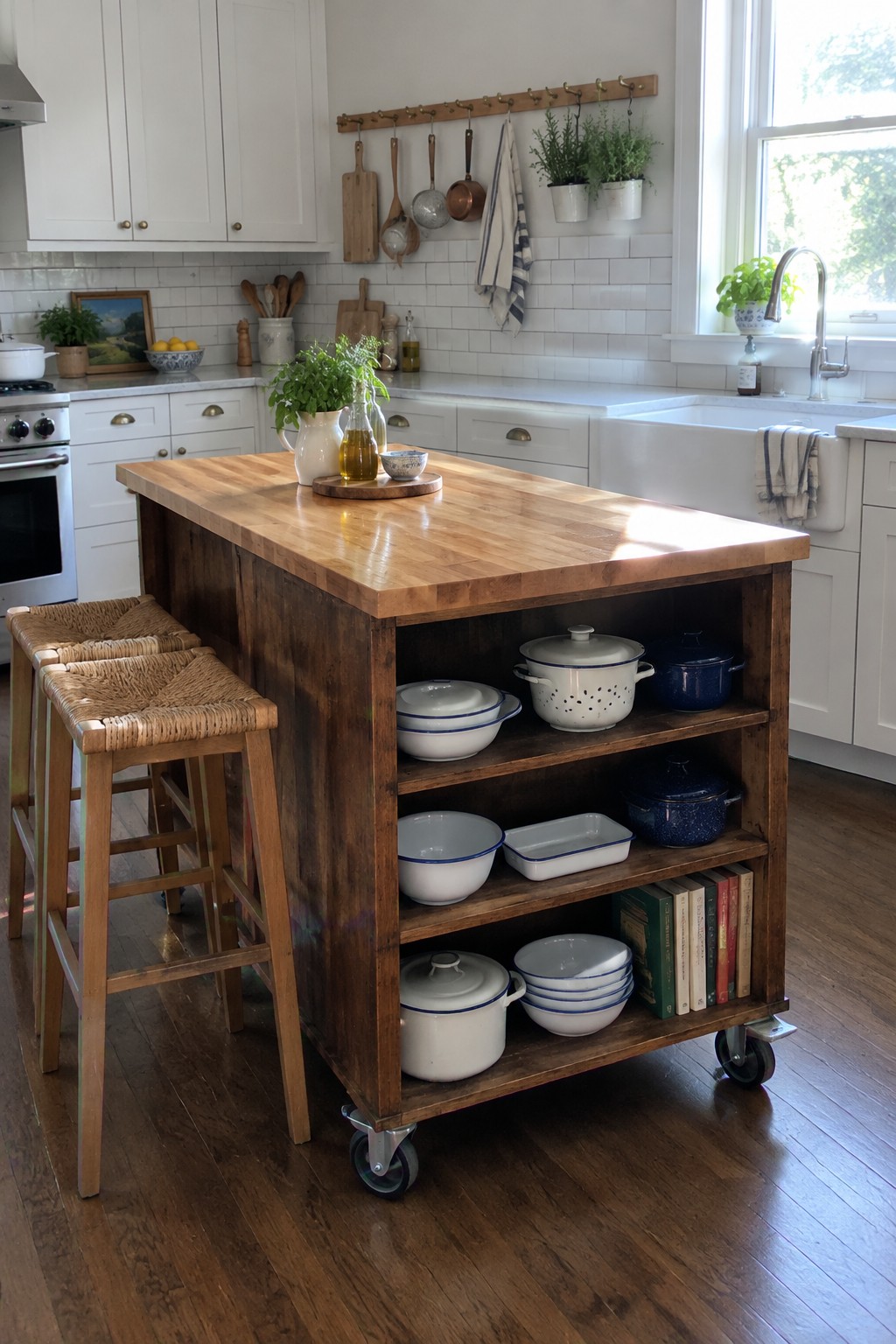 A dark wood kitchen island on wheels with a butcher block top and open shelves holding white and blue enamelware, next to two woven bar stools.