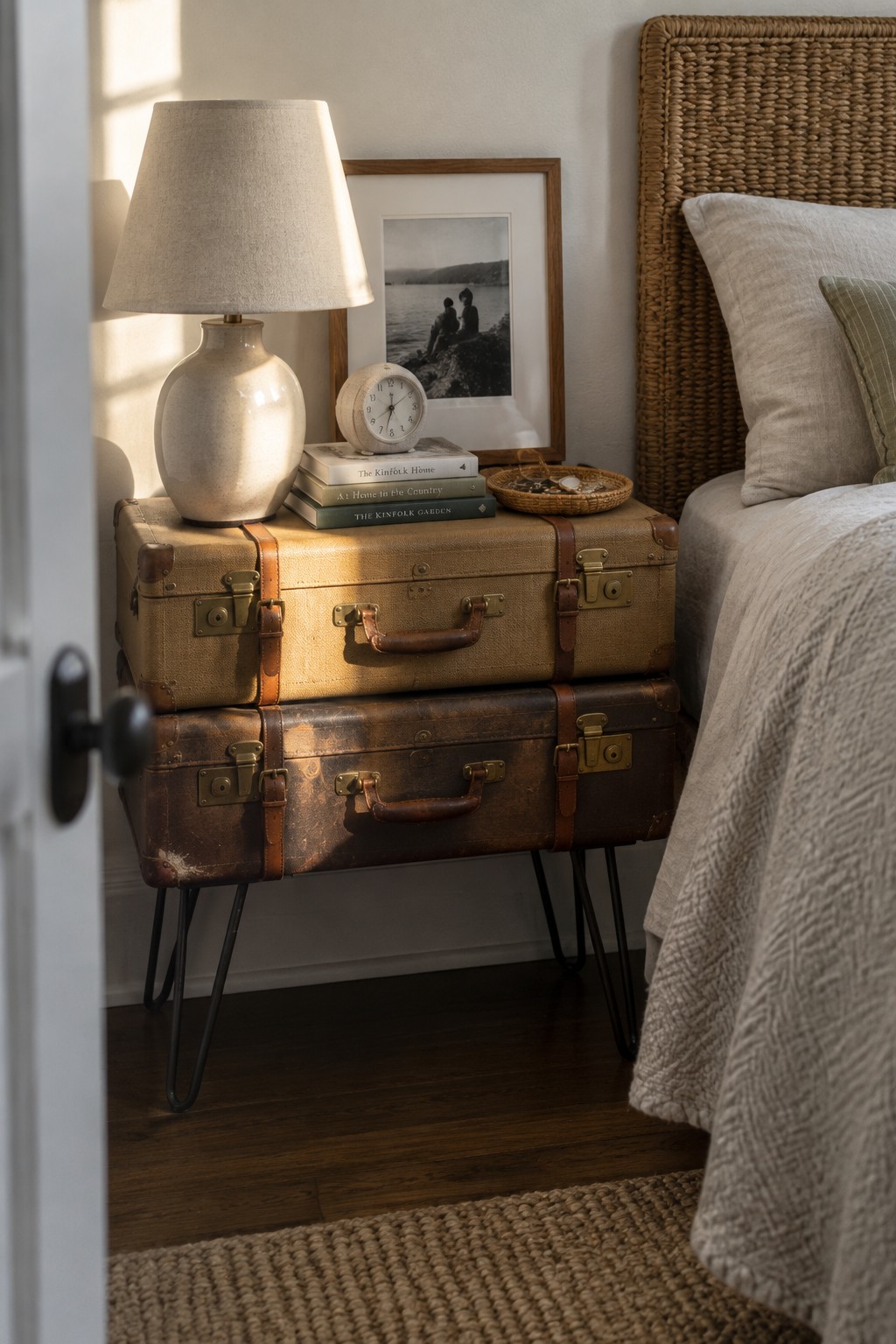 Two stacked vintage suitcases with metal legs used as a bedside table next to a bed, topped with a lamp, clock, and books.