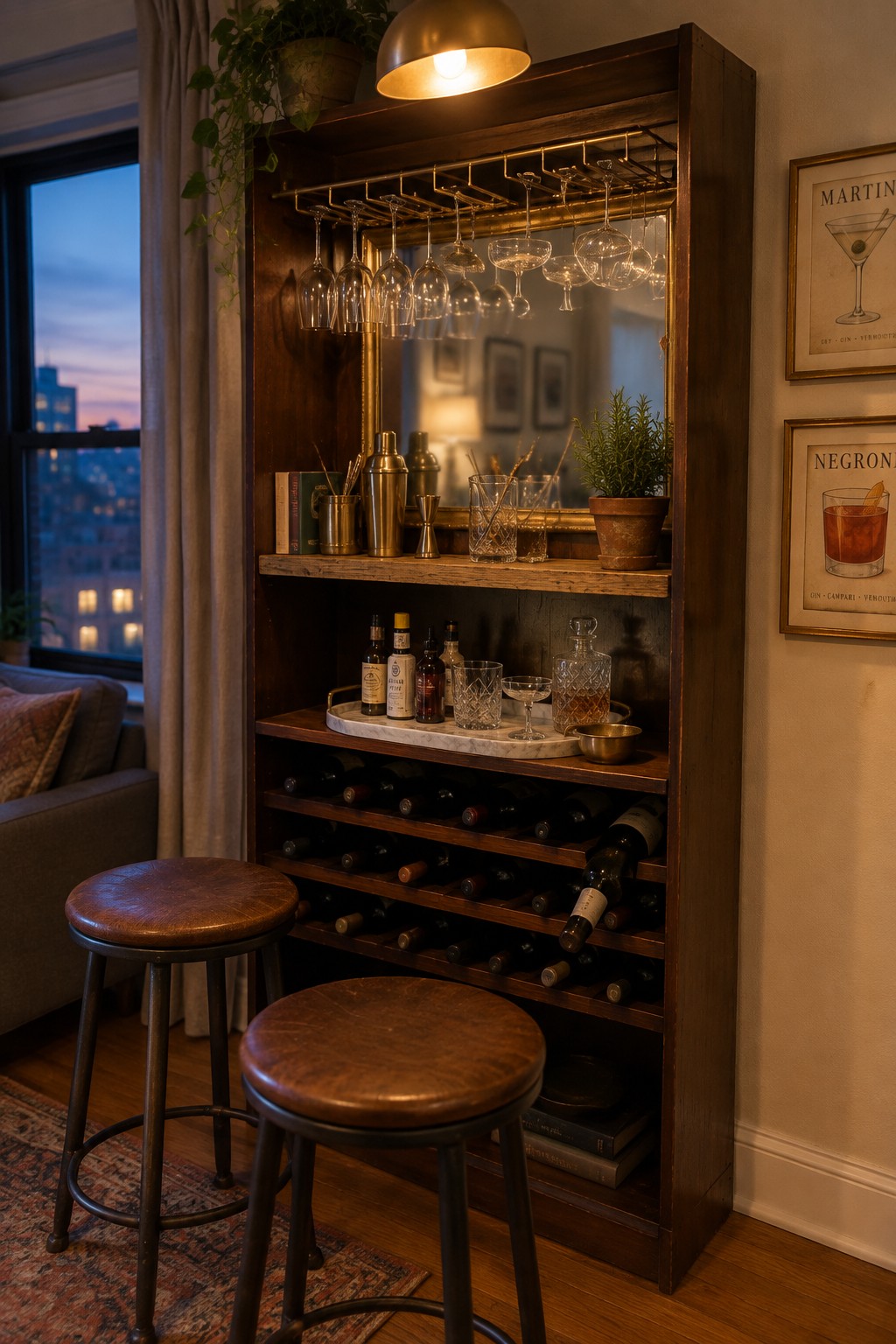Wooden bar cabinet with wine bottles, hanging glasses, marble tray, and leather stools