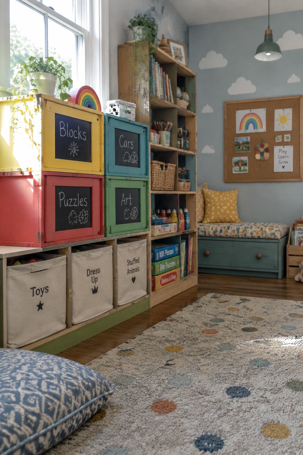 Colorful chalkboard-labeled crates and bins in a sunny children's playroom with rainbow rug.