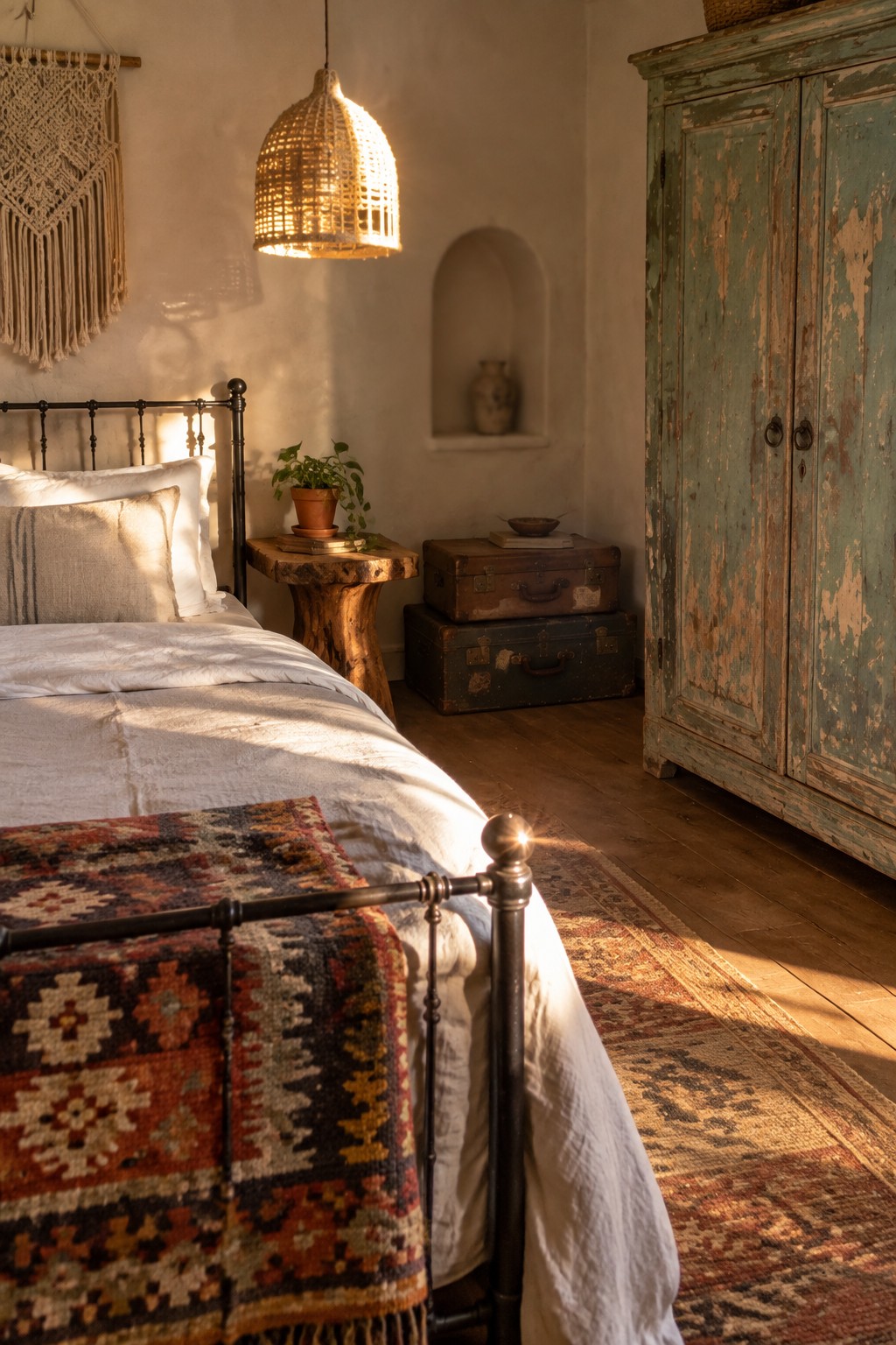 Sunlit bedroom with white bed, colorful patterned blanket, glowing wicker lamp, and distressed turquoise wardrobe