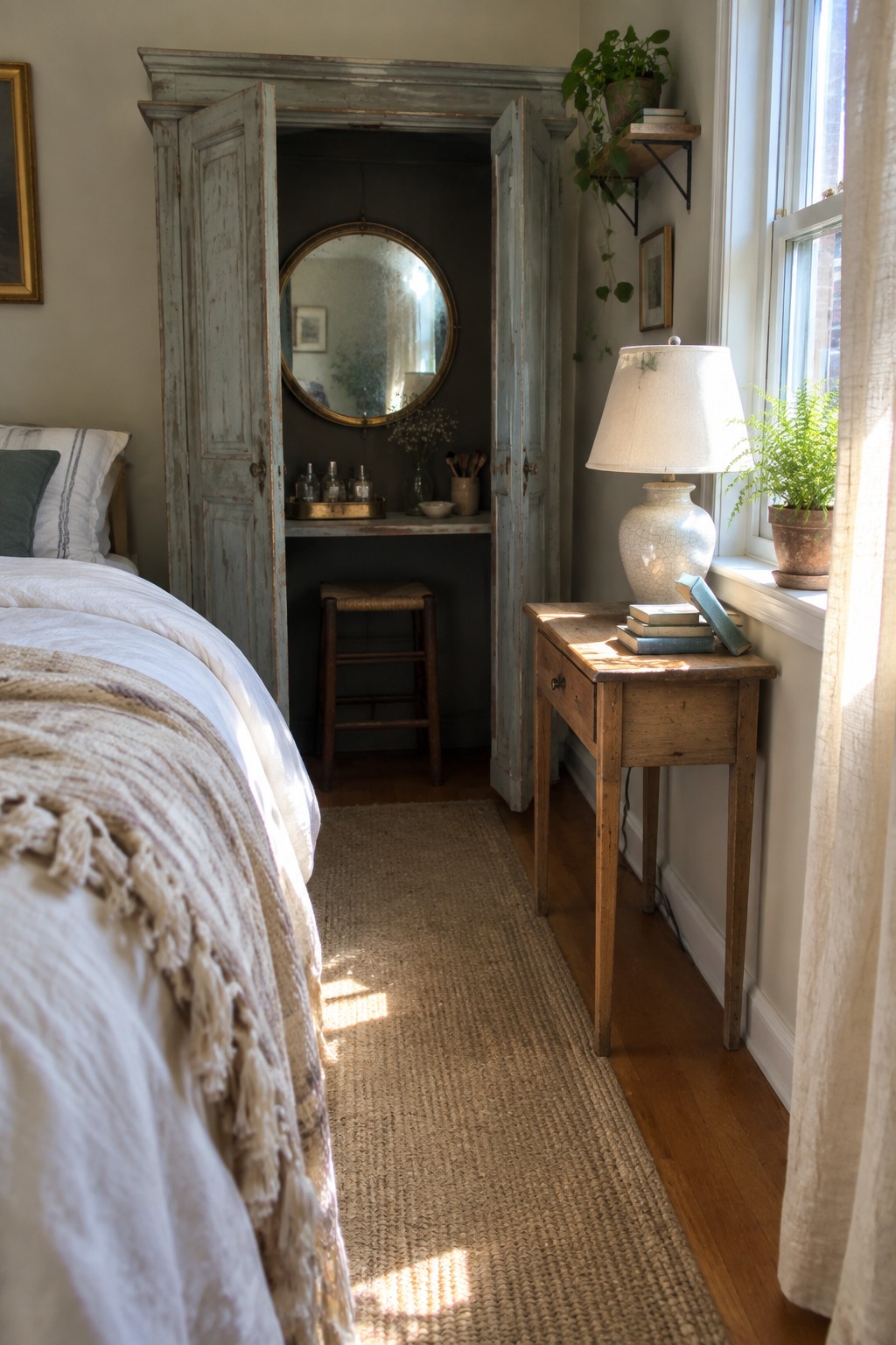 A rustic bedroom shows a large open distressed light blue armoire with a round mirror inside, a wooden stool beneath it, and a side table holding a lamp near a window.