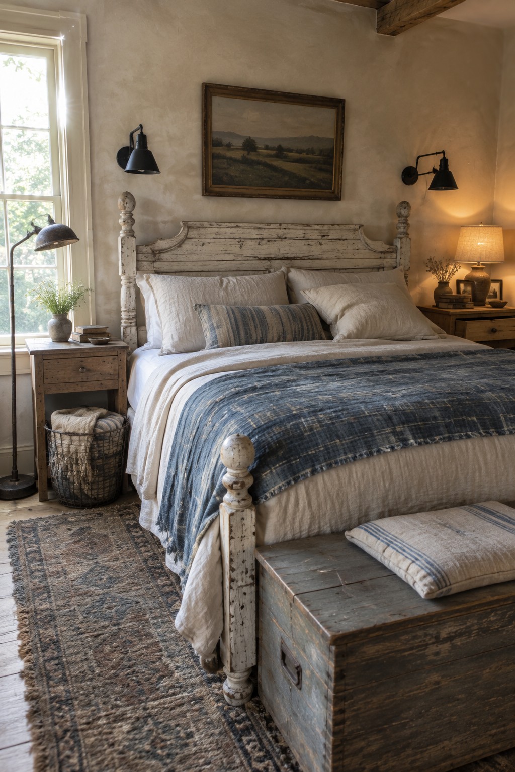 A rustic bedroom with a white distressed wooden bed frame, white and blue linens, a wooden nightstand, and a blue-green distressed wooden chest positioned at the foot of the bed.