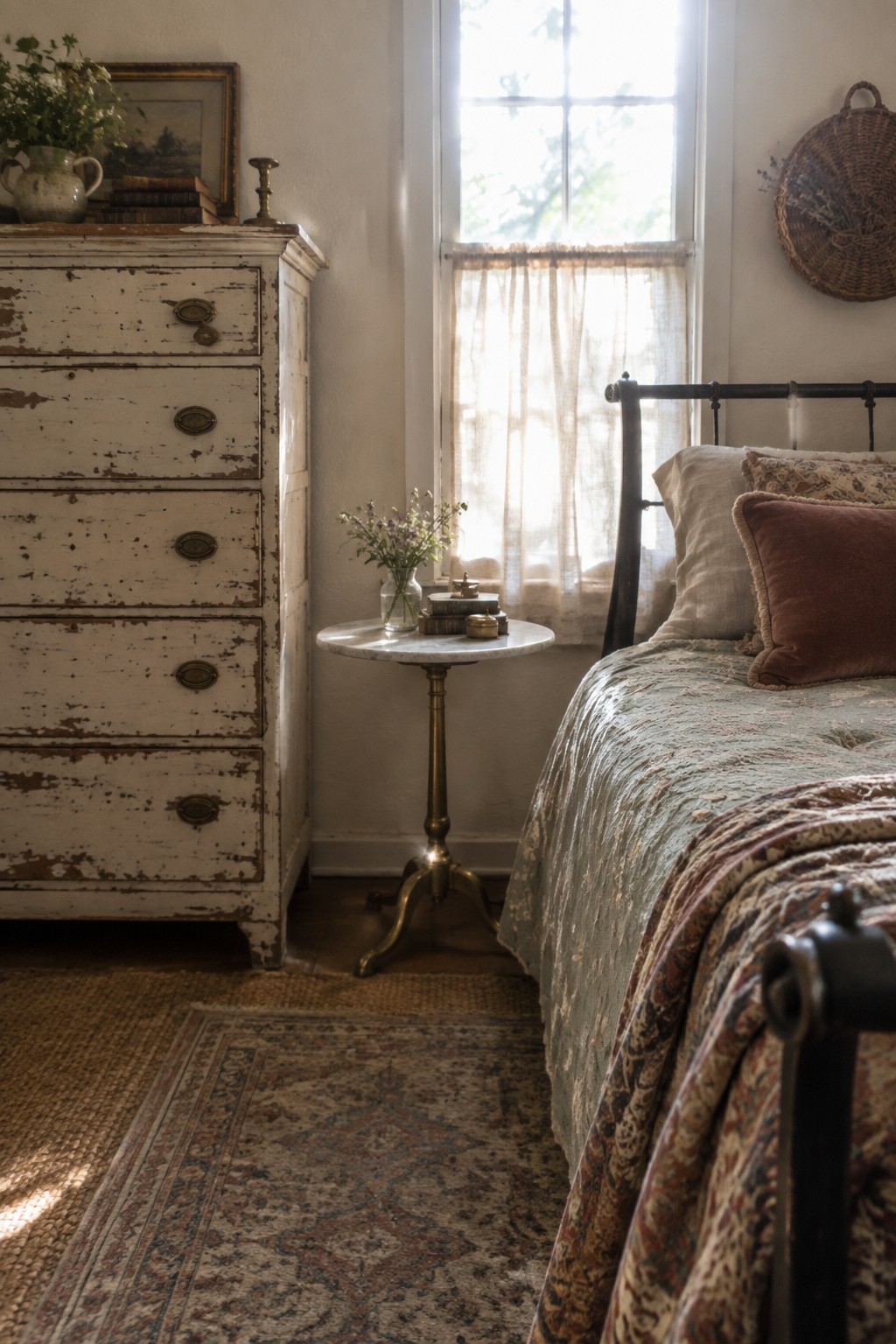A rustic bedroom featuring a large distressed white dresser, a small marble-topped side table, and a bed with a dark metal frame and patterned bedding.