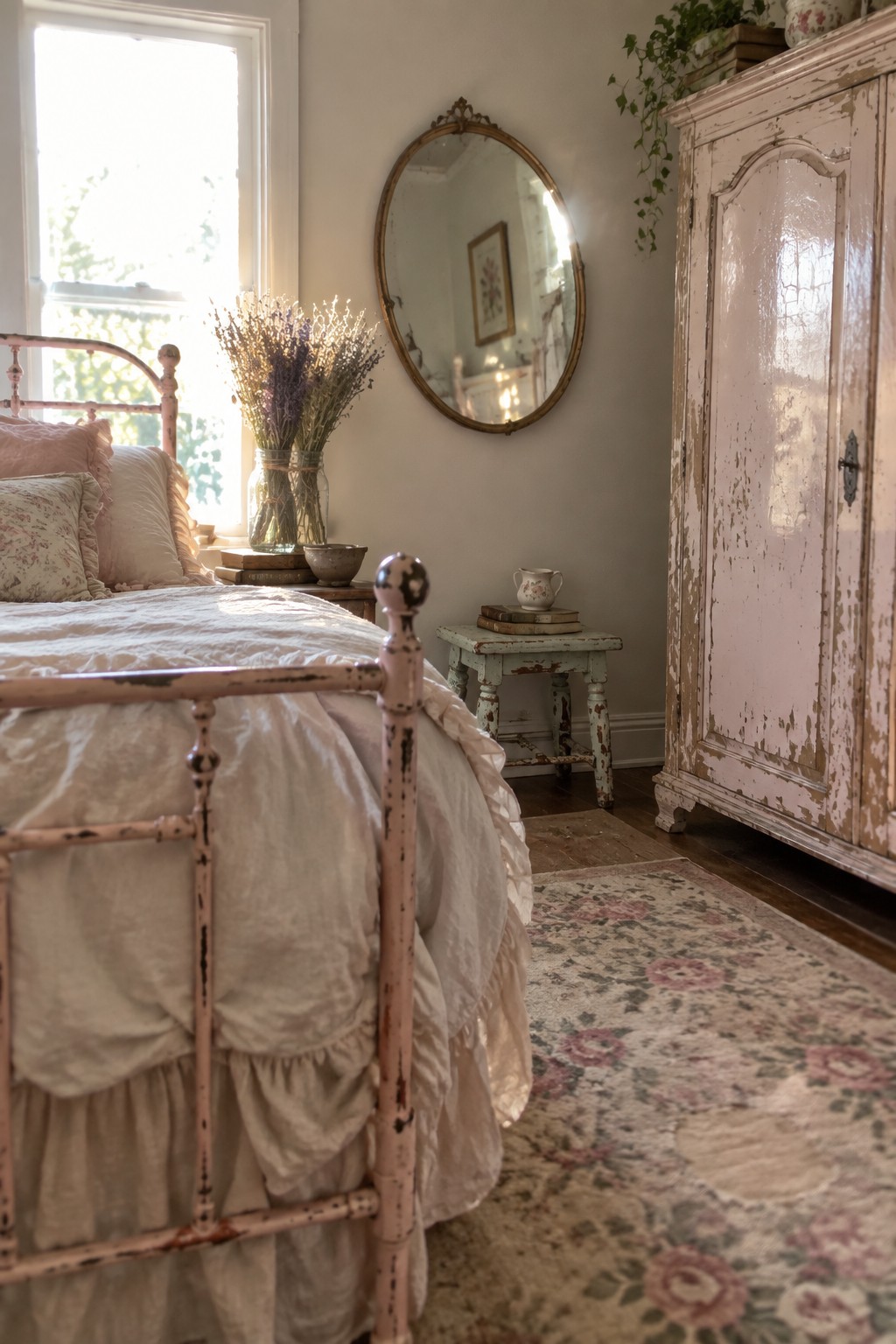 A bedroom with a pink distressed metal bed frame, white bedding, a matching peeling armoire, an oval mirror on the wall, and a floral rug.