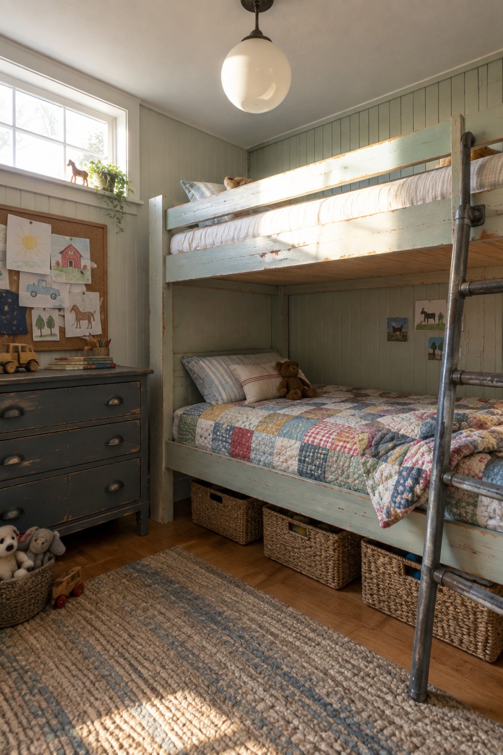 A children's bedroom featuring a light blue distressed wooden bunk bed with patchwork quilts, a dark distressed dresser, and woven baskets under the bed.