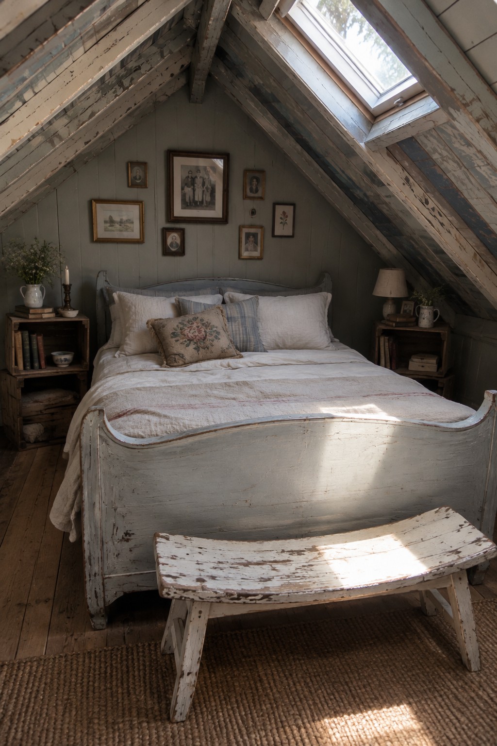 Rustic attic bedroom with distressed blue bed, white linens, skylight, and wooden bench.