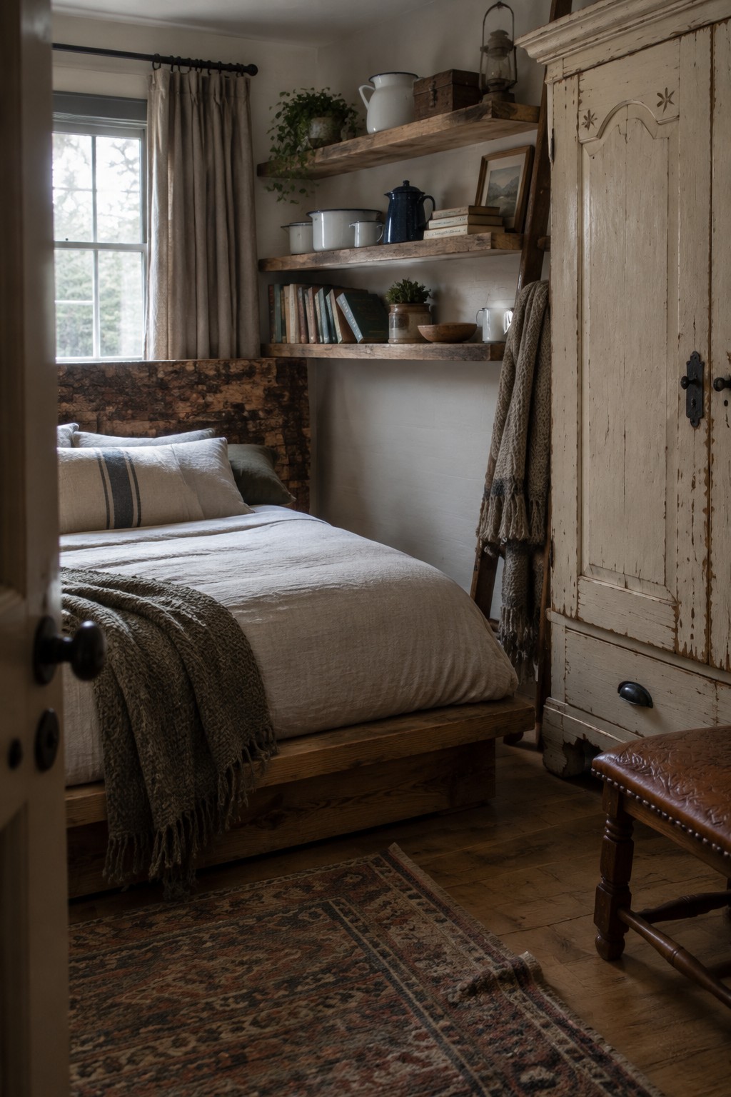 A rustic bedroom with a low wooden platform bed, stone headboard wall, white distressed armoire, floating wooden shelves, and a patterned rug on wood flooring.