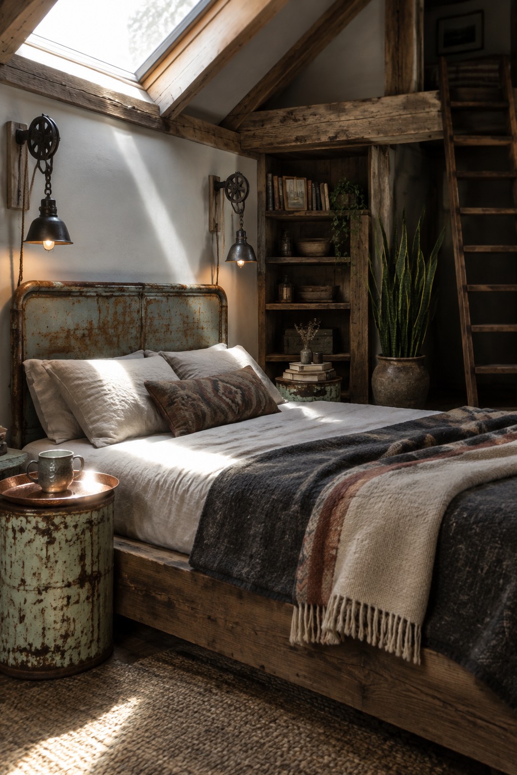 A rustic attic bedroom with a distressed turquoise metal headboard on a wooden bed, a barrel nightstand, wall sconces, and a woven blanket.