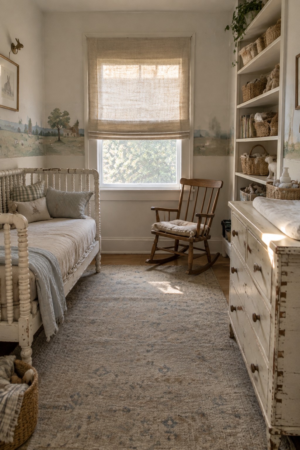 A rustic bedroom featuring a white distressed spindle bed, wooden rocking chair, white dresser, and large area rug under a window with a rolled linen shade.