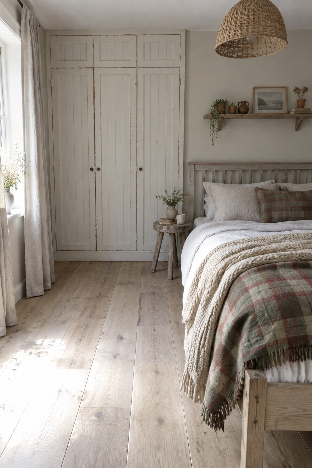 A bedroom with a large white distressed wardrobe against the back wall, a wooden bed with plaid throw on the right, and a small wooden side table in between.