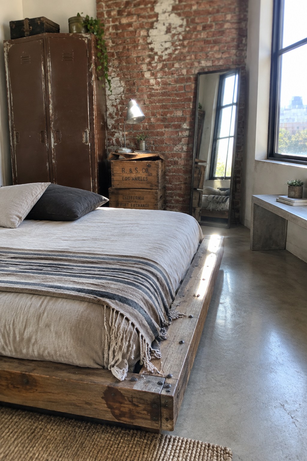 A rustic bedroom with a low distressed wood bed frame, neutral bedding and striped throw, metal locker cabinet, stacked wooden crates, exposed brick wall, tall mirror, and large window.