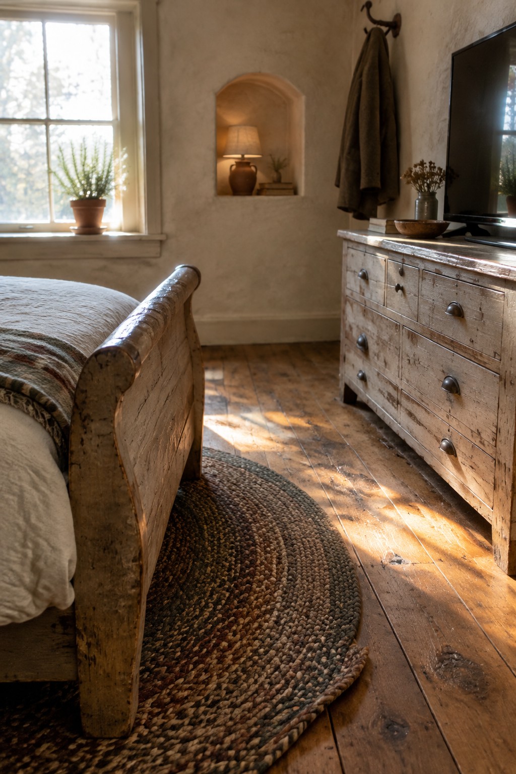 A rustic bedroom with a distressed wooden sleigh bed on a round woven rug, a matching weathered dresser, and sunlight coming through a window.