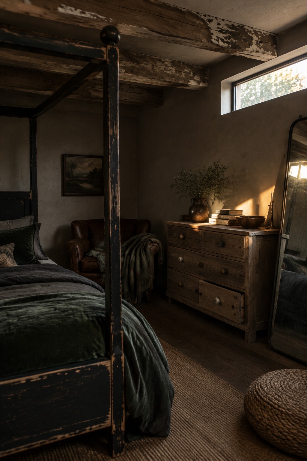 Rustic bedroom with dark four-poster bed, green velvet bedding, wooden dresser, and leather chair.