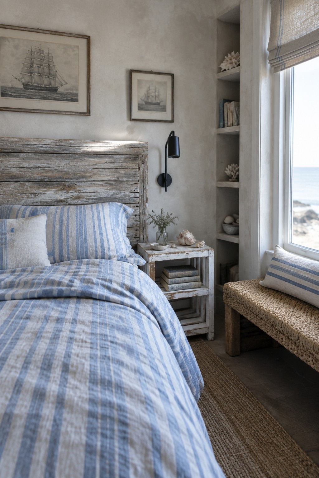 A bedroom featuring a large weathered wood headboard, blue striped bedding, a white distressed nightstand with books and a small plant, built-in shelves with books and shells, and a window view of the ocean.