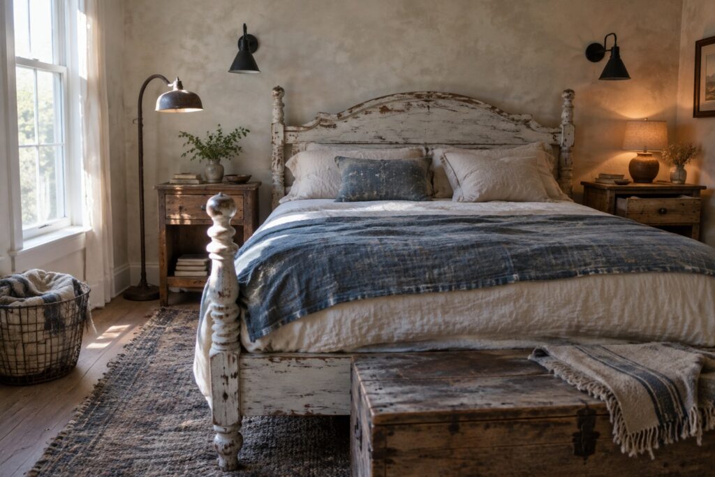 19 Rustic Bedroom Furniture Ideas Built Around Distressed Finishes A rustic bedroom with a white distressed wooden bed frame, white and blue linens, a wooden nightstand, and a blue-green distressed wooden chest positioned at the foot of the bed.