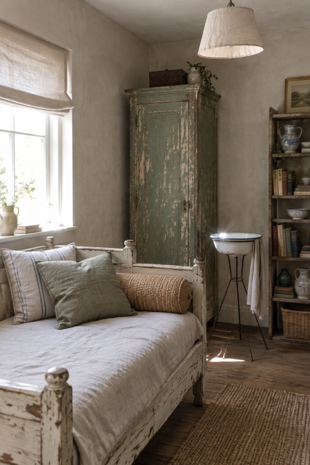 A rustic bedroom with a white distressed wooden bed, green distressed armoire, and simple linen bedding beside a window.