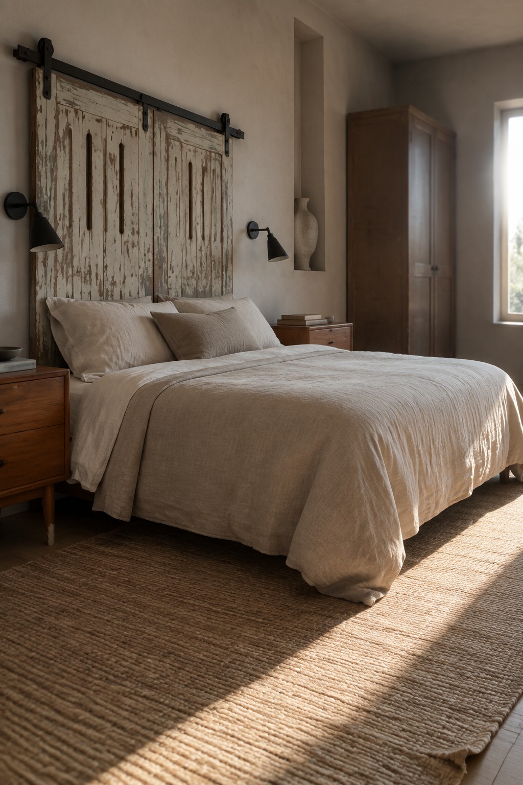 Rustic bedroom with barn door headboard, beige linen bedding, wooden furniture and woven rug