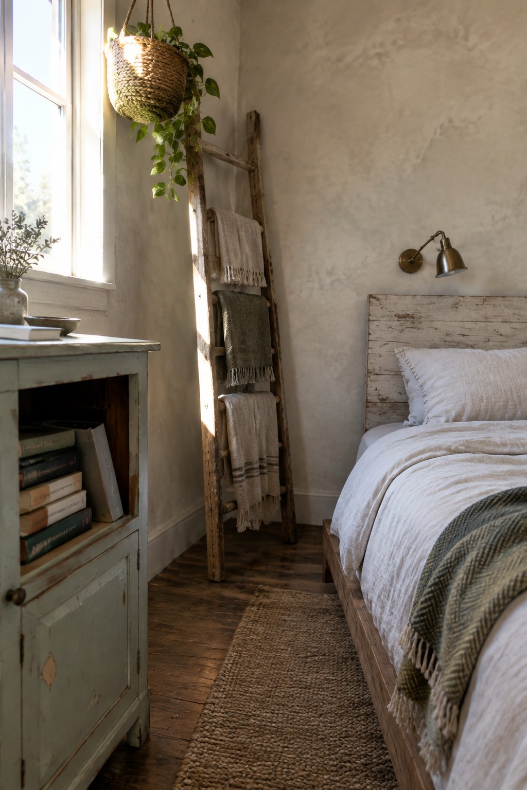Rustic bedroom with wooden ladder, hanging plant, woven rug, and white bedding