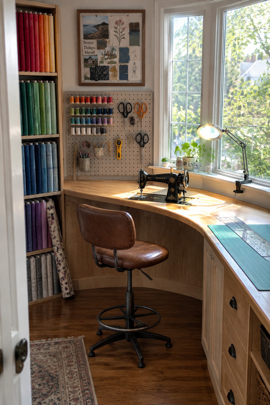A wooden desk curves along a bay window in a craft room, holding a black vintage sewing machine with a brown leather swivel chair in front and craft supplies on nearby shelves and pegboard.
