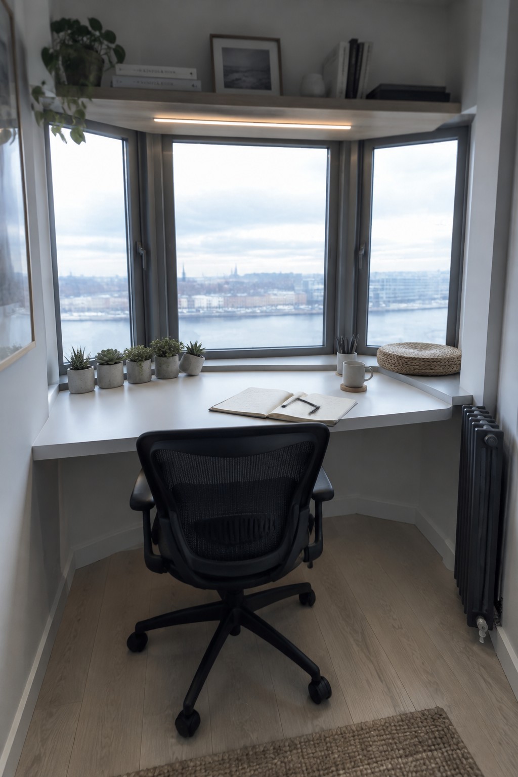 Black ergonomic chair at white desk in bay window overlooking city and water