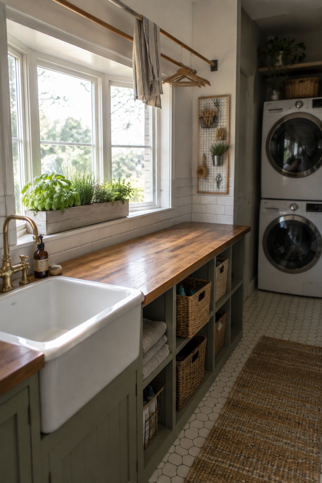 A laundry room with a long wooden countertop under a bay window, white farmhouse sink on the left, and open gray shelving holding woven baskets below the counter.