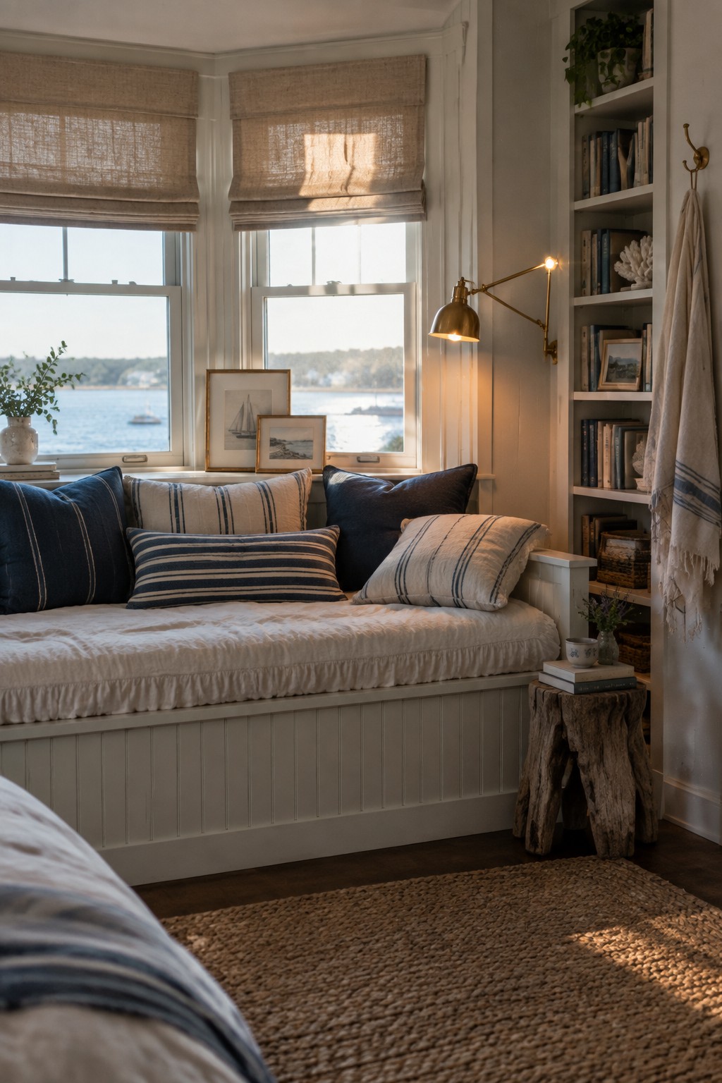 Cozy window seat with blue striped pillows, bookshelves, brass lamp, and water view