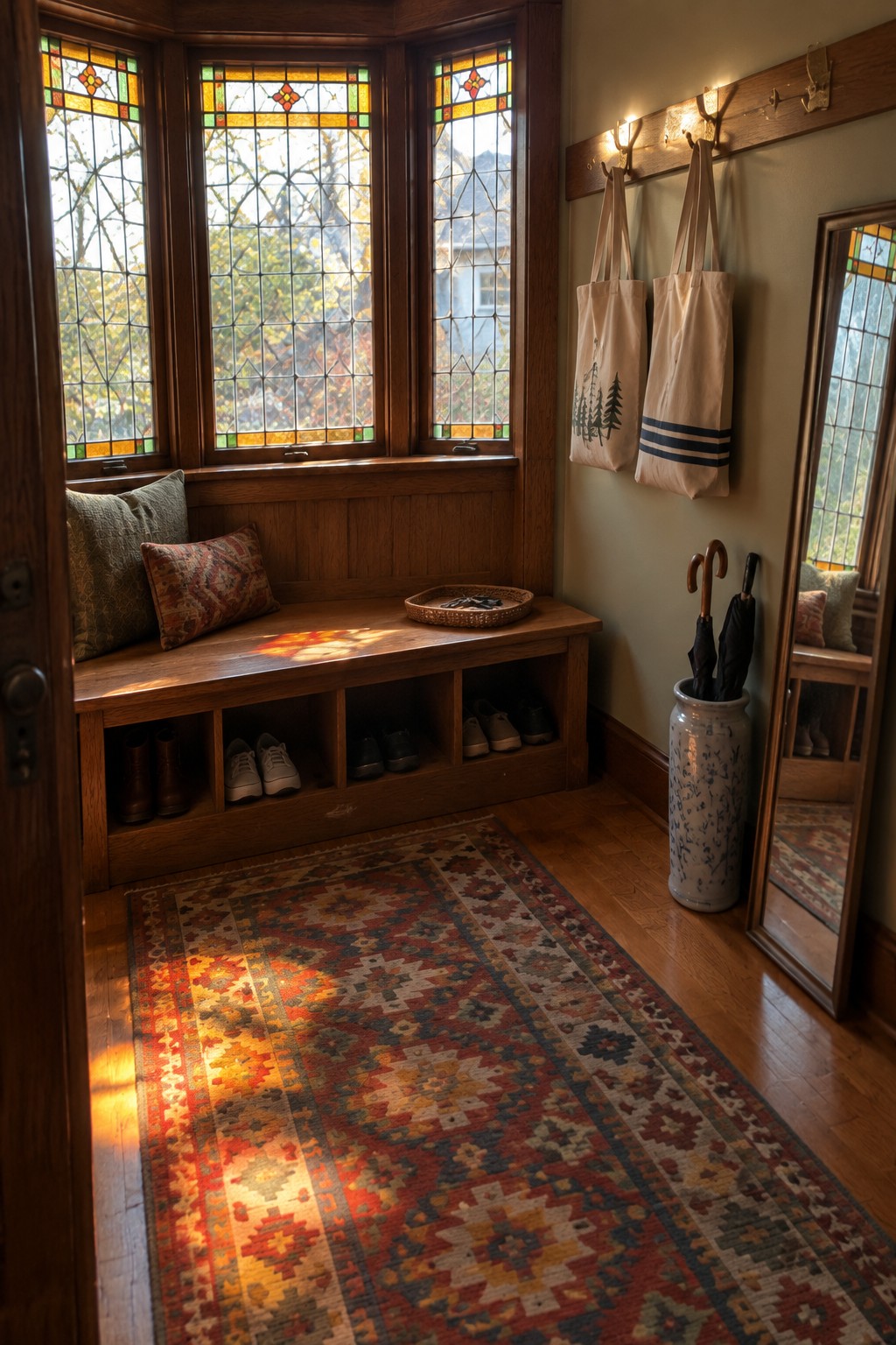 Cozy wooden bench under stained glass windows with shoe cubbies, hanging totes, and patterned rug