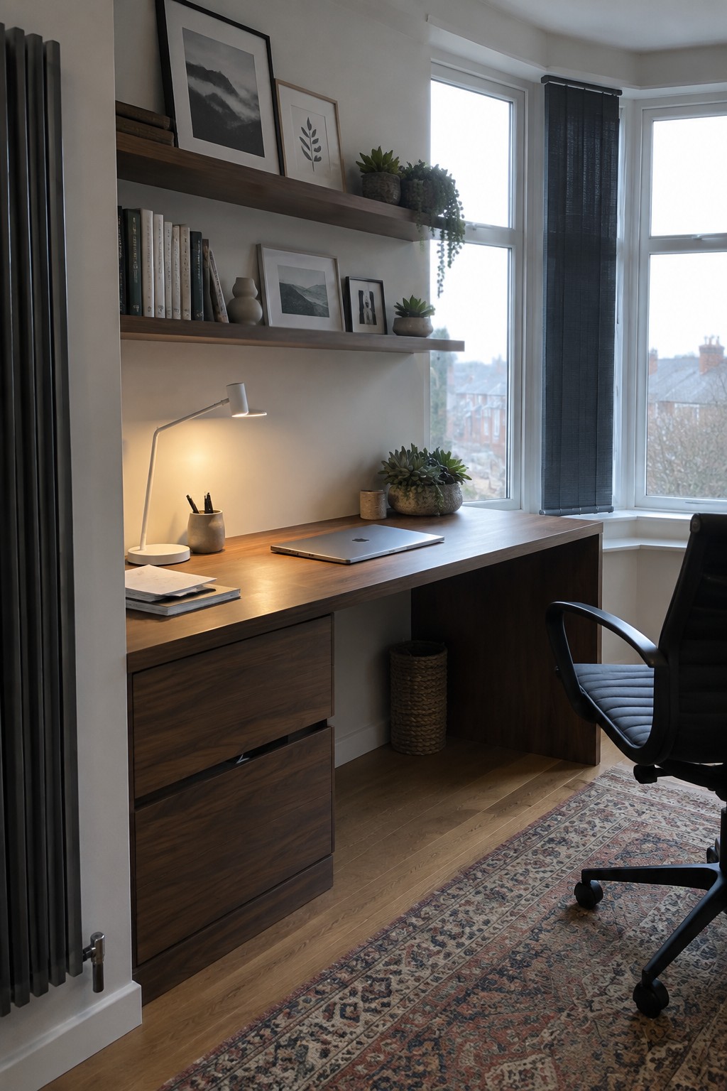 Modern wooden desk with laptop, lamp, plants, shelves of books, and black office chair