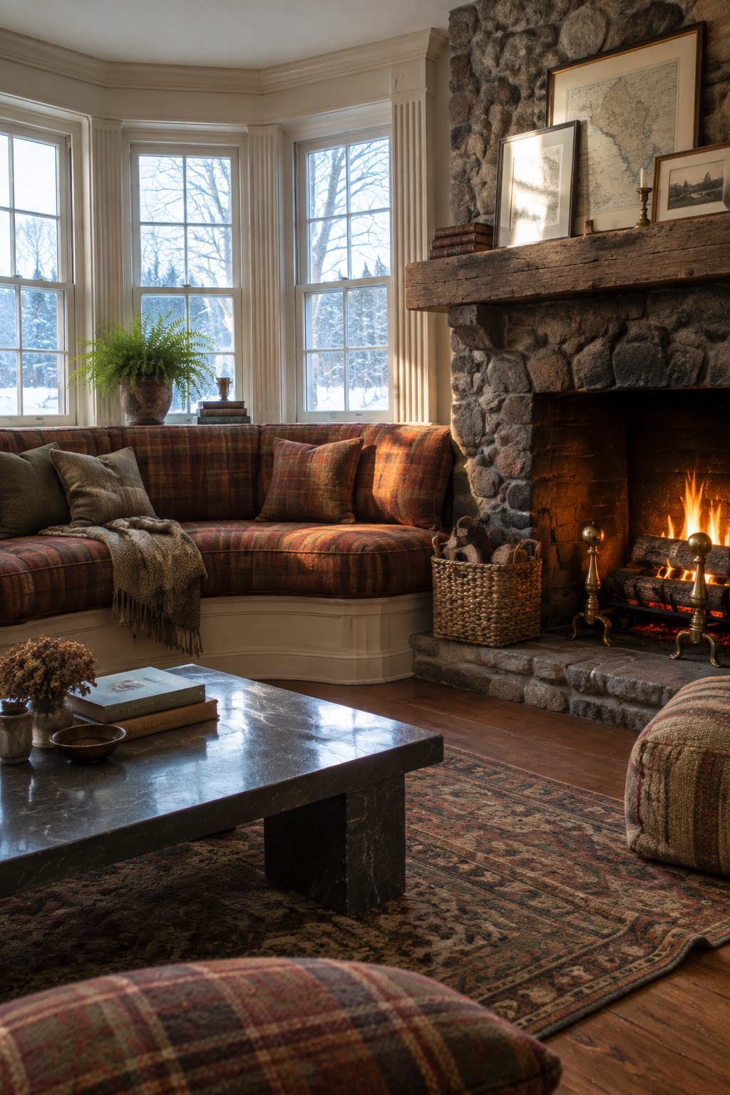 A living room featuring a curved plaid banquette sofa fitted into a bay window beside a stone fireplace with a fire burning.