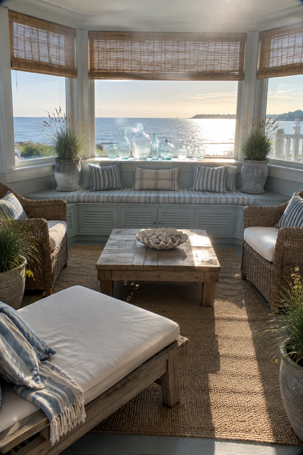 A bright living room with a built-in bench seat beneath three large bay windows, featuring blue and white striped cushions and a wooden coffee table in the center.