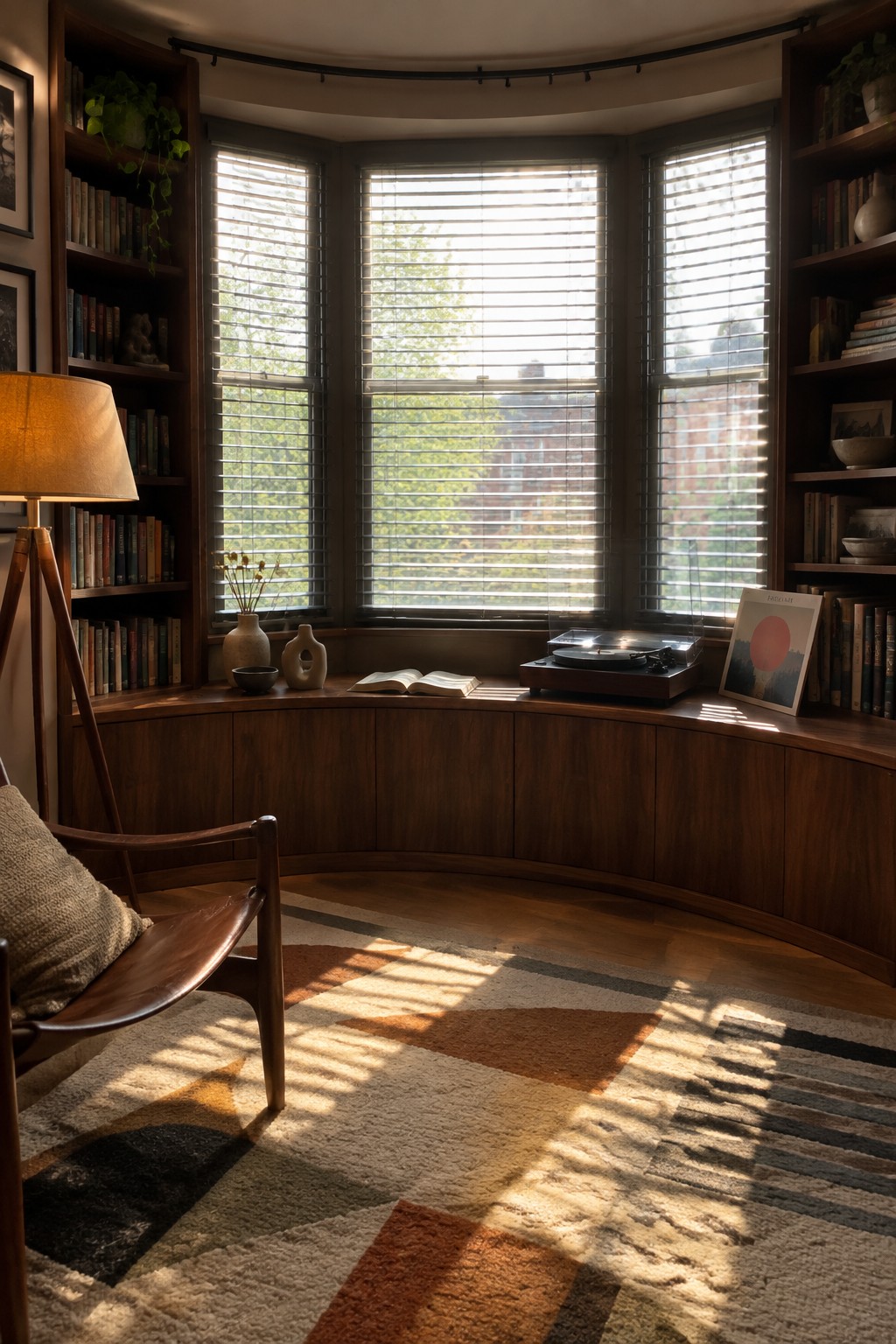 A curved bay window with wooden built-in cabinets below, a record player on the ledge, bookshelves on both sides, a wooden armchair with a cushion in the foreground, and a geometric rug on the floor.