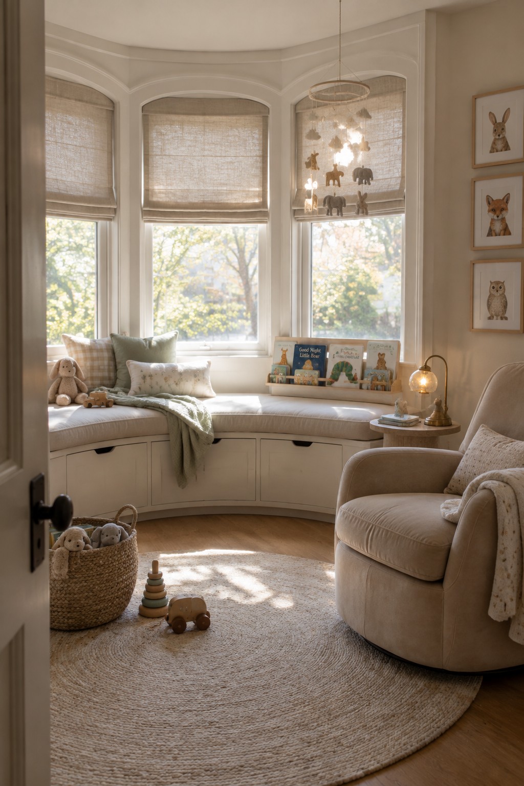 A bright room with a curved bay window, white built-in window seat with storage drawers, cushions, children's books, and a beige armchair on a round rug.