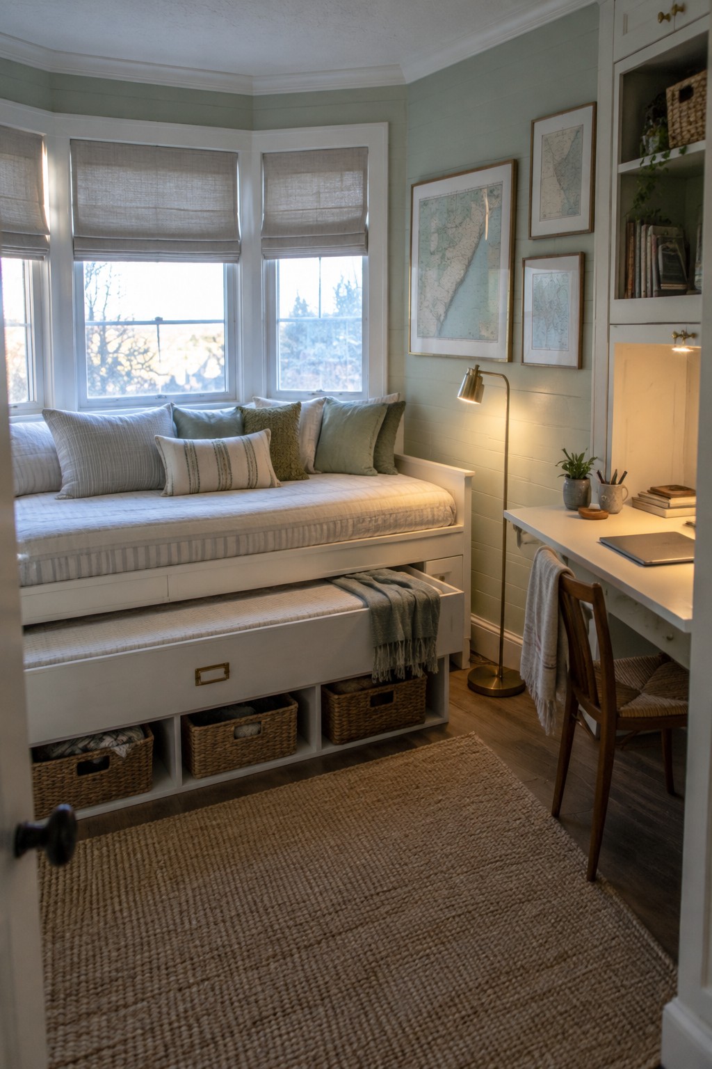 Cozy bay window seat with white daybed, green pillows, storage baskets, and desk.