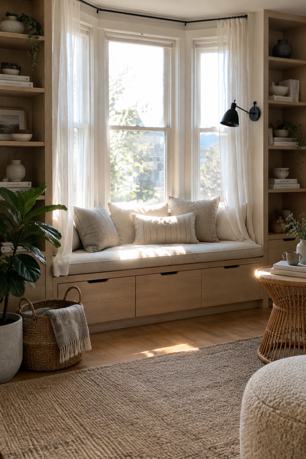 Sunlit bay window seat with neutral pillows, light wood shelves, and sheer curtains.