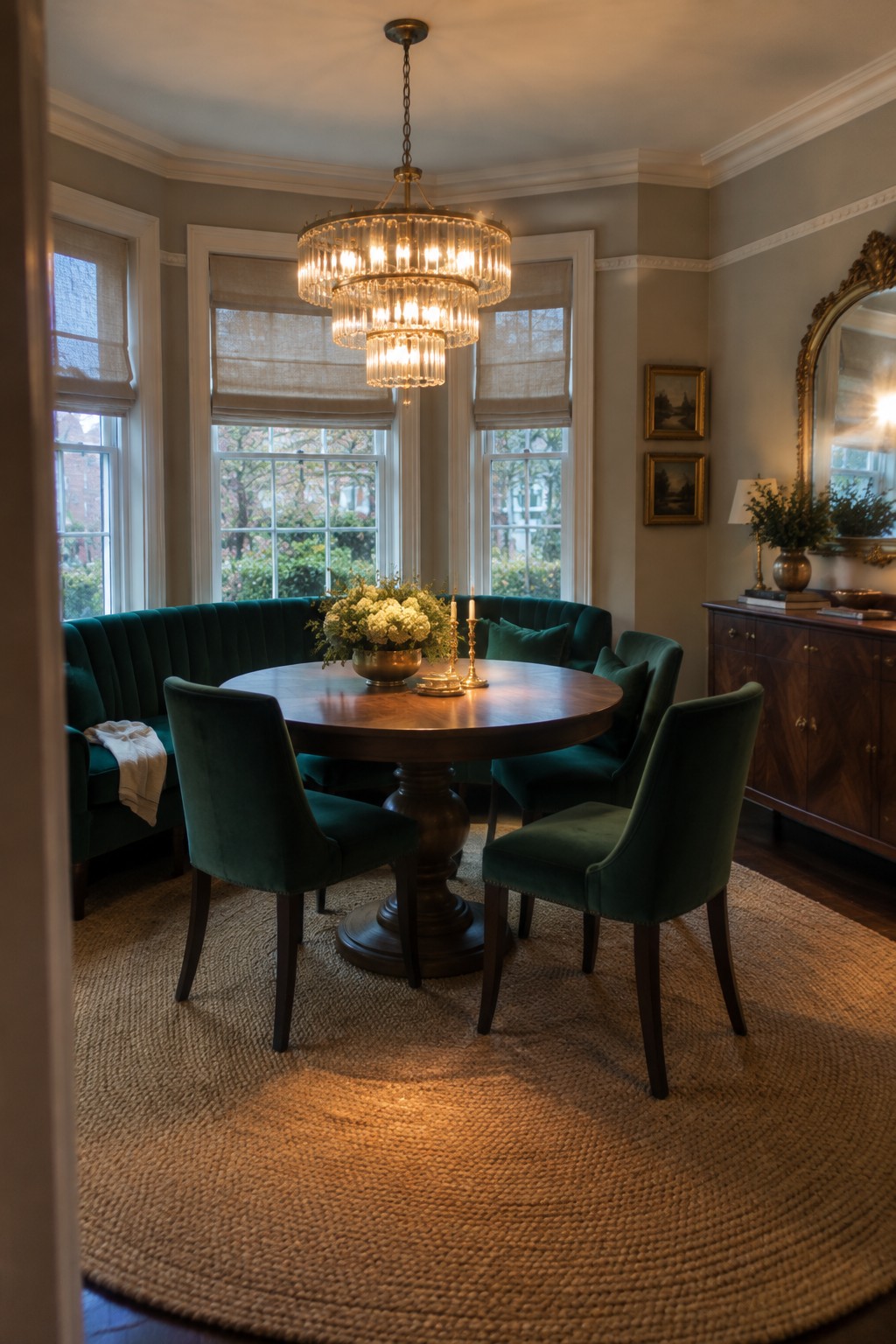 A dining room featuring a round wooden table centered on a woven rug, surrounded by green velvet chairs and a matching curved banquette beneath three large windows with a lit chandelier overhead.