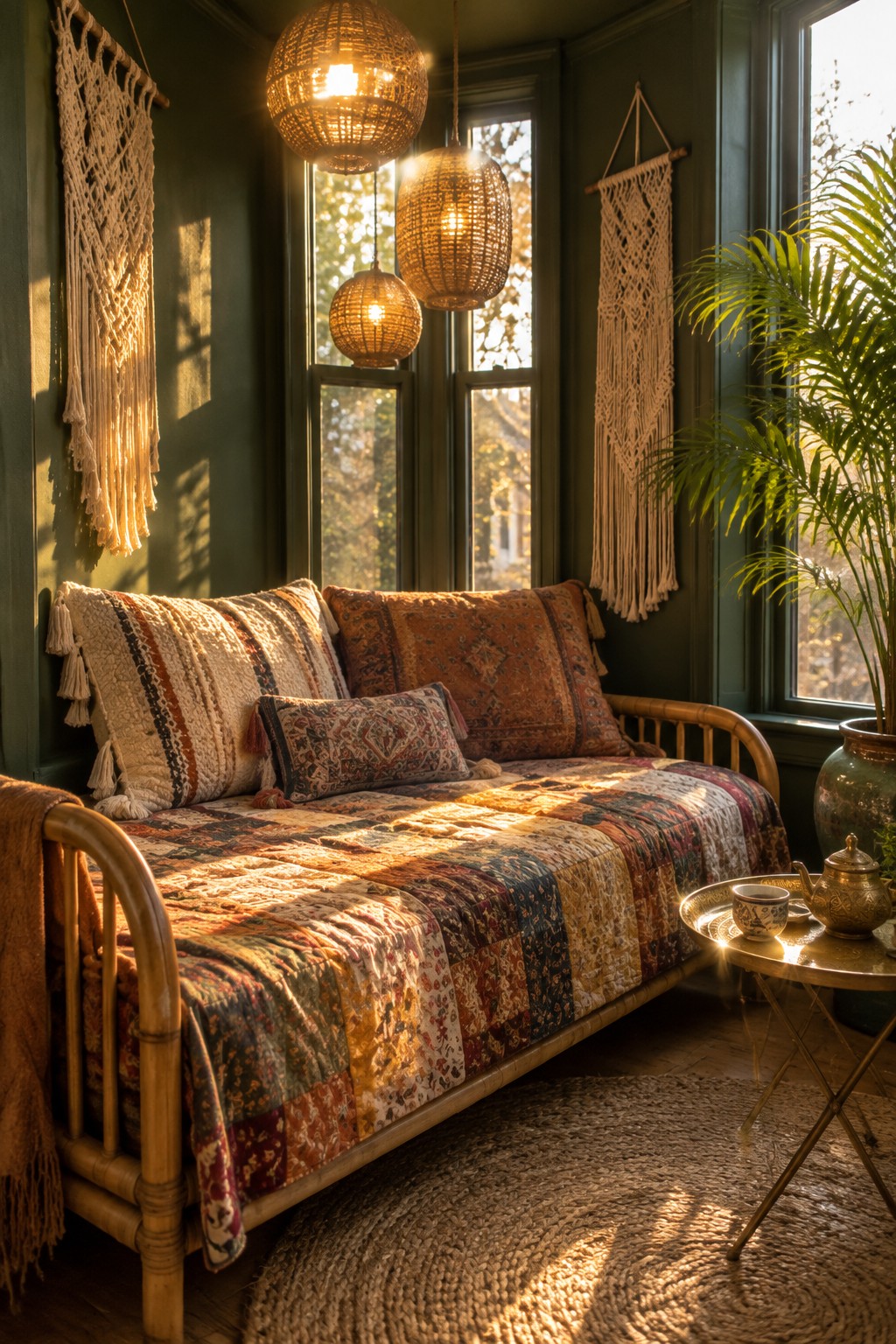 A wooden daybed with a patchwork quilt is placed in front of a bay window, with hanging woven lights and macrame hangings on dark green walls.