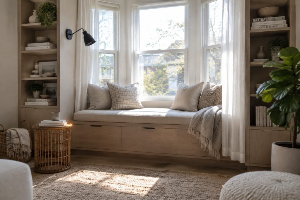 19 Smart Furniture Ideas for Rooms With Bay Windows Sunlit bay window seat with neutral pillows, light wood shelves, and sheer curtains.
