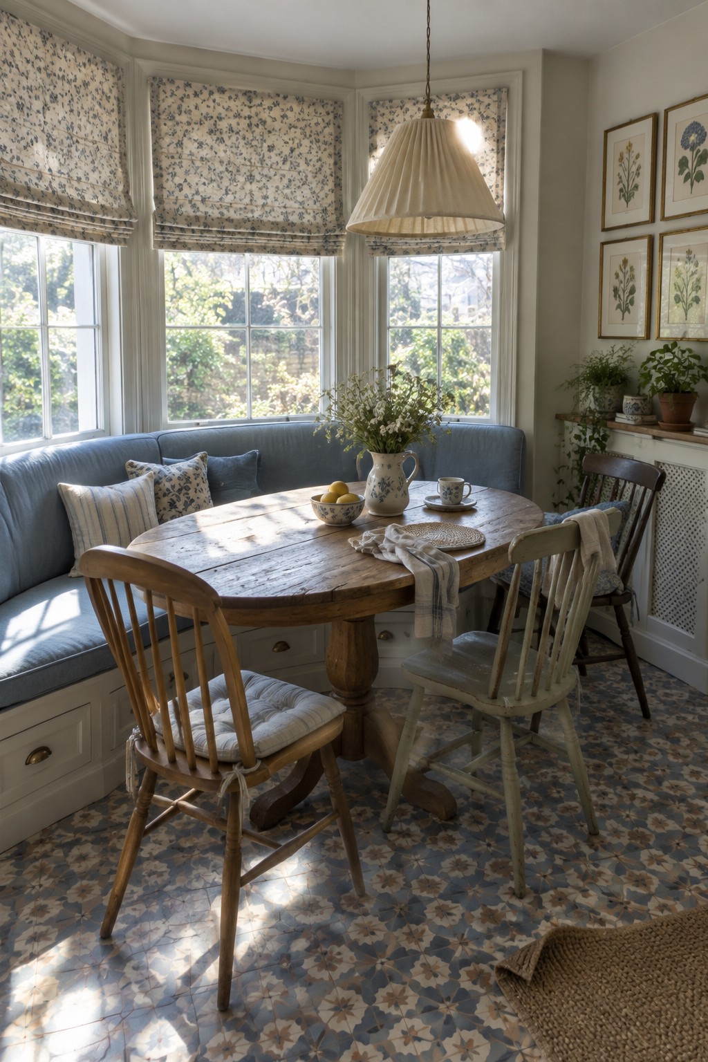 A round wooden dining table sits in front of a blue upholstered banquette built into a bay window with three windows and patterned shades.