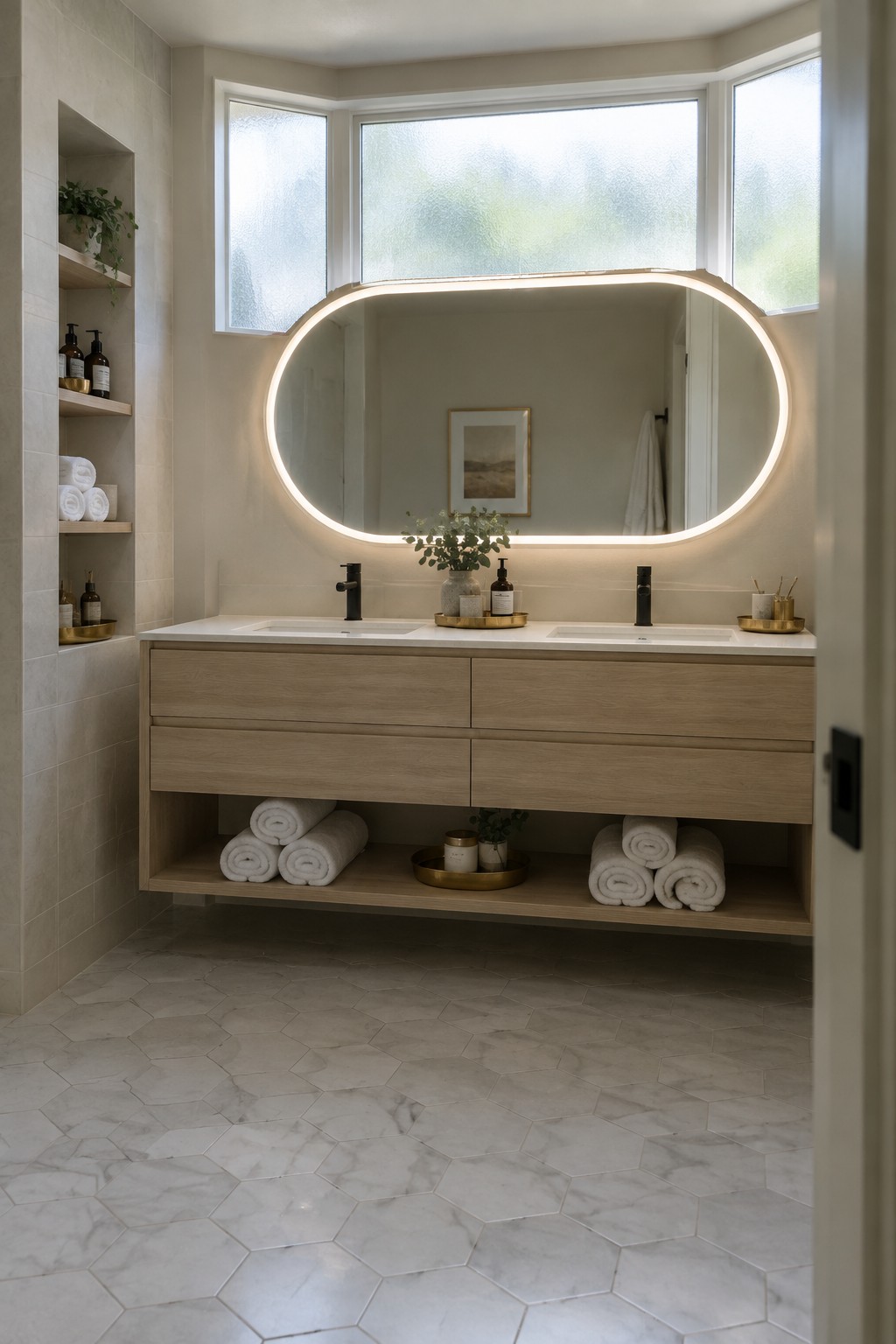 Modern bathroom with light wood double vanity, backlit oval mirror, and marble hex floor