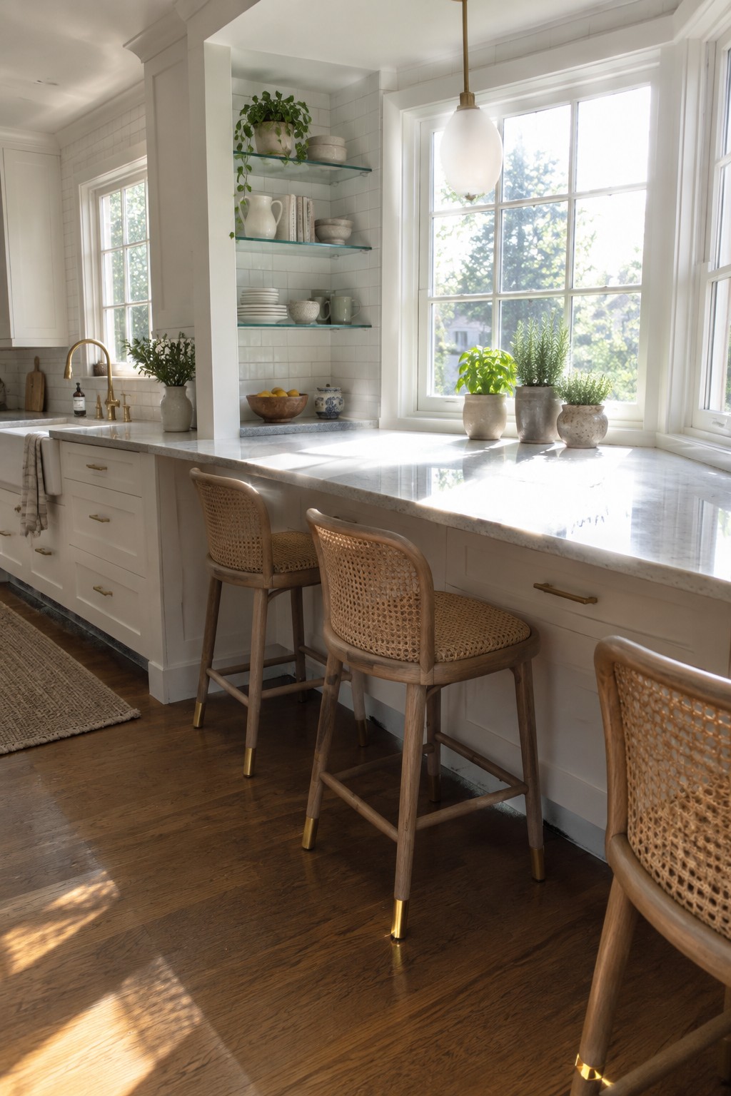 Bright white kitchen with marble island, cane-backed wooden bar stools, and sunlit windows.