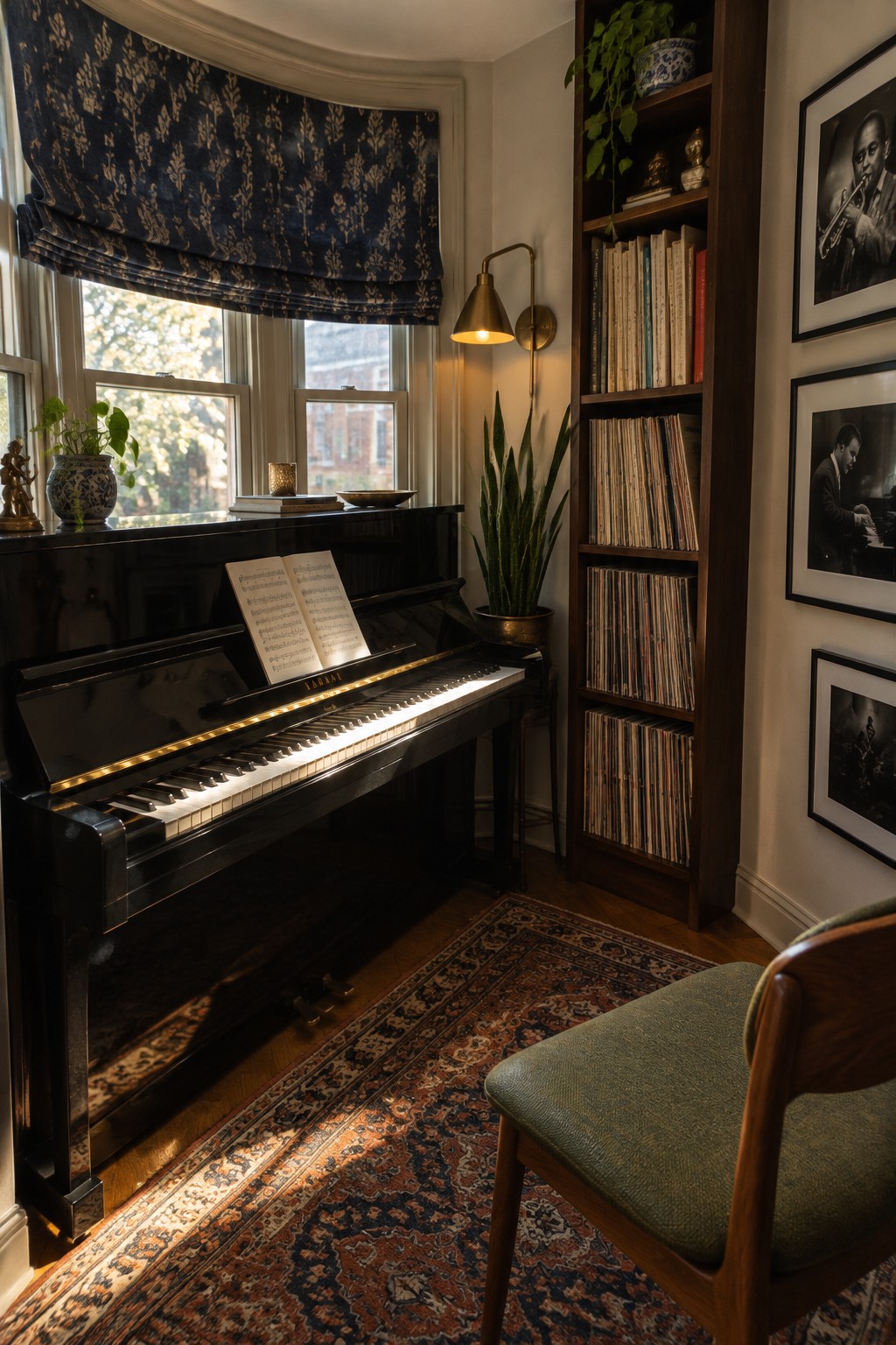 Cozy room with black Yamaha piano, patterned rug, bookshelf of records, and framed photos.
