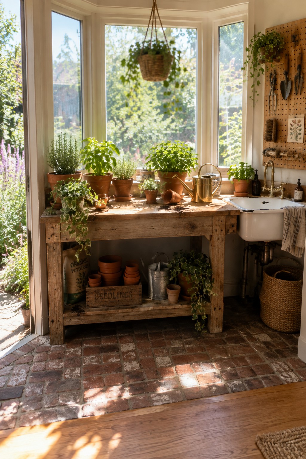 Rustic wooden potting bench with herb-filled terracotta pots, sink, and pegboard tools in sunlit shed