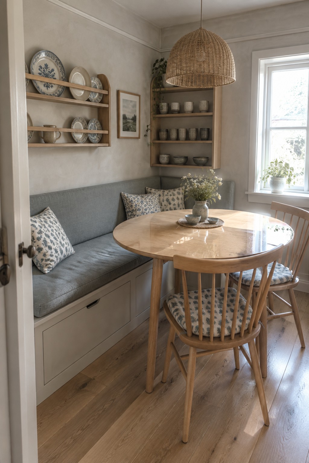 A dining nook with a built-in gray upholstered bench featuring under-seat storage drawers, a round light wood table, and wooden spindle-back chairs with patterned cushions.