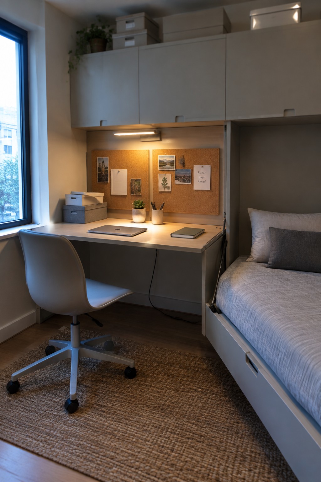 A compact bedroom with a built-in desk, office chair, corkboards, overhead cabinets, laptop, and an adjacent bed with storage drawers and pillows.