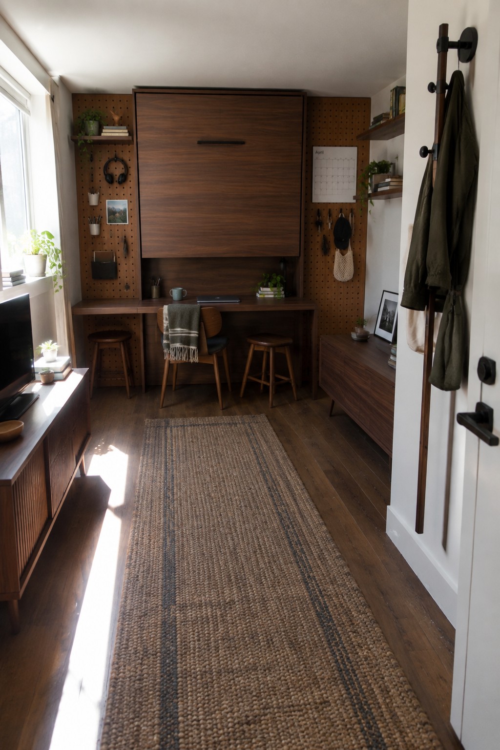 A compact home office with a built-in wooden desk, large overhead cabinet, pegboards on both walls, and two stools tucked underneath.
