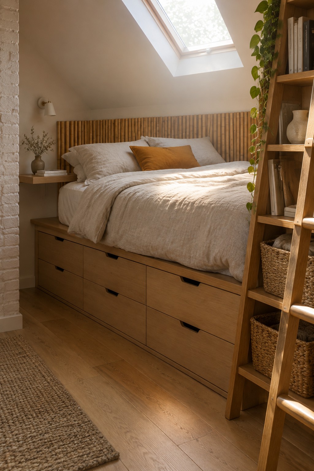 A bedroom featuring a wooden platform bed with multiple built-in storage drawers underneath, positioned beneath a skylight.