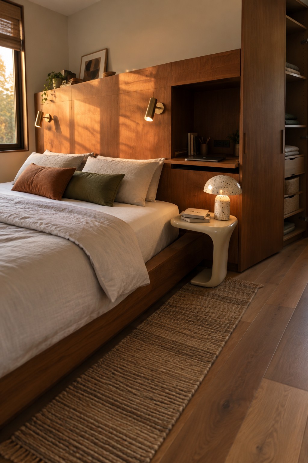 A bedroom featuring a large wooden built-in headboard and storage unit behind the bed, with wall sconces, pillows, and a small white side table holding a lamp and books.