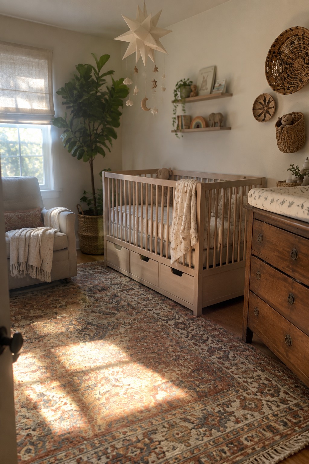 Sunlit nursery with wooden crib, patterned rug, armchair, dresser, and potted plant