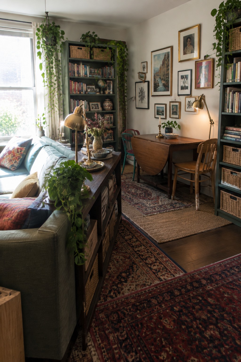A small apartment living room with a green sofa, tall green bookshelves, a wooden drop-leaf dining table, layered rugs, and houseplants.